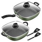 Kit Frigideira Antiaderente Wok Quadrada N29 Gourmet + Wok 2 Alças Verde Patolux