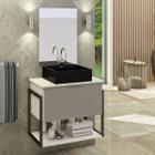Kit Gabinete Banheiro Industrial TECH 60cm Branco/ Cinza (gabinete + cuba preta+ espelho + ferragem)