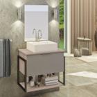 Kit Gabinete Banheiro Industrial TECH 60cm Madeirado/ Cinza (gabinete + cuba branca + espelho + ferragem)