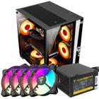 Kit Gabinete Gamer Grodd Suporta Até 5 Fans e Water Cooler Com Vidro Temperado + Fonte Atom 400W ATX + 4 Unid Fan Rgb Eurus