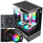 Kit Gabinete Gamer Megalon Com Vidro Temperado Suporta Water Cooler e 5 Ventoinhas + Fonte 650W Bivolt Atx + Water Cooler Pcyes Argb Tdp 200W 120mm - Clanm