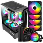 Kit Gabinete Gamer Megalon Mid Tower Suporta Até 5 Fans e Water Cooler + 4 Unid Cooler Fan Led Fixo 5 Cores 120mm + Water Cooler Sangue Frio 120mm Tdp 200W Argb - Clanm