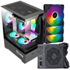 Kit Gabinete Gamer Mid Tower Suporta Water Cooler e Até 5 Fans + Fonte 650W Atx Bivolt Pcyes + 3 Unid Cooler Fan V. Ring 120mm Com Led Fixo 5 Cores - Clanm