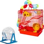 Kit Gaiola Tubo Super Luxo 3 Andares Vermelha + Bola Globo com Suporte Hamster Completa Casinha Roda