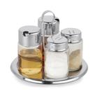 Kit Galheteiro Vidro Redondo 5 Peças Base Inox Mesa Salada Saleiro Pimenteiro Azeiteiro Vinagreiro Temperar Salada Servir