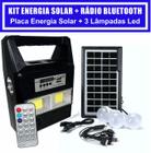 Kit Gerador de Energia Solar Rádio FM USB Bluetooth Placa Solar 3 Lampadas Led Lanterna PowerBank Pescaria Camping Acampamento Maquetes