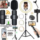 Kit Gravação Ring Light Led com Tripé Microfone Sem Fio Tipo-C Bastão Filmagem Celular