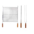 Kit Grelha Moeda Inox 40x48 + 2 Espetos 60cm Cabo Madeira