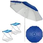 Kit Guarda Sol 2,40 M Articulado Azul Fps 100 + 2 Banquetas Dobraveis Aluminio Praia / Camping