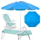 Kit Guarda Sol Azul Bahia 2 M Bagum e Aluminio + Cadeira de Praia 6 Posicoes Verde Agua Sunny Bel