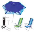 Kit Guarda Sol Ombrelone 2,4m Azul Carrinho Praia Avanço 2 Cadeira Reclinável 4 Posições Saca Areia - Tobee