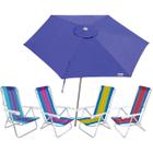 Kit Guarda Sol Ombrelone 2,4m Malibu Azul 4 Cadeira 8 Posições Alumínio Praia Piscina Camping - Tobee