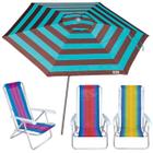 Kit Guarda Sol Ombrelone 2,4m Malibu Turquesa 3 Cadeira 8 Posições Alumínio Praia Piscina Camping - Tobee