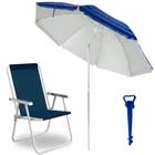 Kit Guarda Sol Praia 2,40 Mts Azul Listrado Articulado + Cadeira Alta Conforto Aluminio Sannet Azul + Saca Areia Azul Mor