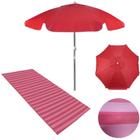 Kit Guarda-sol Vermelho 1,60m + Esteira de Praia Listras Rosa 1,80 M