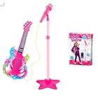 Kit Guitarra E Microfone Infantil Rosa Com Som E Luz Meninas