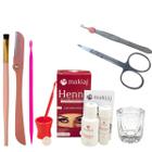 Kit Henna Makiaj Design Sobrancelhas Pincel Navalha Tesoura Palito Dosador Dappen Pinça