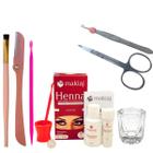 Kit Henna Makiaj Design Sobrancelhas Pincel Navalha Tesoura Palito Dosador Dappen Pinça