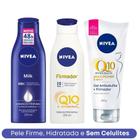 Kit Hidratação Corporal: Hidratante Milk 200ml + Loção Firmador Q10 200ml + Hidratante Gel Anticelulite 200g Nivea