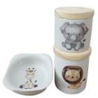 Kit higiene bebê 3 peças Safari - Potes e Molhadeira - Peças porcelana e tampas pinus