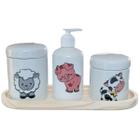 Kit higiene bebê 4 peças Fazendinha - Bandeja, potes e porta álcool - Peças porcelana bandeja pinus