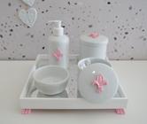 Kit Higiene Bebê K014 Rosa Coroa Ovelha Passarinho Ursa Moderno Bandeja MDF branca Potes Porcelana