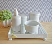 Kit Higiene Bebê K037 Porcelanas Moderno Bandeja MDF Espelho Potes Nuvem Azul Cinza Amarelo