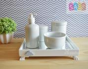 Kit Higiene Bebê K037 Porcelanas Moderno Bandeja MDF Espelho Potes Nuvem Azul Cinza Amarelo