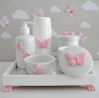 Kit Higiene Bebê K045 Borboletas Rosa Bandeja Mini Térmica Porcelana Moderno