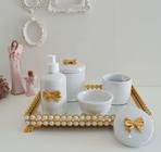 Kit Higiene Bebê K056 Porcelana Bandeja Pérola Dourado Banho Cuidado Quarto