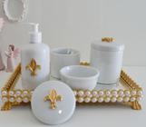 Kit Higiene Bebê K056 Porcelana Bandeja Pérola Dourado Banho Cuidado Quarto