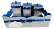 Kit Higiene Bebê MDF 4 Peças Cesta Organizadora Nuvem Chuva de Amor Cinza com Marinho