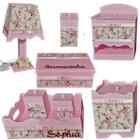 Kit Higiene bebê Mdf menina 8 pçs - ROSA COM BRANCO FLORIDO E PÉROLAS