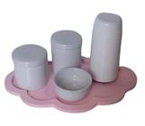 Kit Higiene Bebê Porcelana branca bandeja nuvem rosa 5 peças