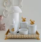 Kit Higiene Bebê Porcelana K023 Térmica Bandeja Pérola Dourada Banho Quarto Bancada