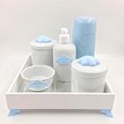 Kit Higiene Bebê Porcelana Nuvem Bandeja Mdf Garrafa Azul 6pçs