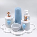 Kit Higiene Bebê Porcelana Ursinho Baloeiro Bandeja Nuvem Garrafa Azul 6pçs