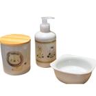 Kit higiene bebê Safari 3 peças - pote, porta álcool e molhadeira - Peças Porcelana Tampa Pinus