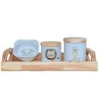 Kit higiene bebê safari 4 peças - Bandeja, potes e molhadeira - Peças porcelana bandeja e tampas pinus