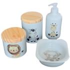 Kit higiene bebê Safari 4 peças - potes, porta álcool e molhadeira decorada - Peças Porcelana Tampas Pinus