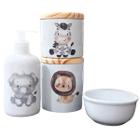 Kit higiene bebê Safari 4 peças - potes, porta álcool e molhadeira - Peças Porcelana Tampas Pinus