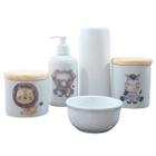 Kit higiene bebê safari 5 Pçs - Potes, porta álcool e molhadeira porcelana + garrafa térmica