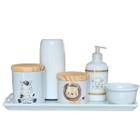 Kit higiene bebê Safari 6 peças - Bandeja, potes, porta álcool e molhadeira - Peças Porcelana Tampas Pinus - Antilope Decor Porcelanas