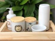 Kit higiene bebê Safari 6 peças - potes e porta álcool - Peças Porcelana Tampa e bandeja Pinus