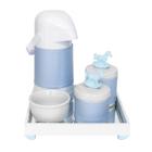 Kit Higiene Espelho Potes, Garrafa, Molhadeira e Capa Cavalinho Azul Quarto Bebê Menino