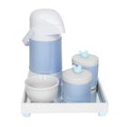 Kit Higiene Espelho Potes, Garrafa, Molhadeira e Capa Passarinho Azul Quarto Bebê Menino