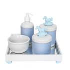 Kit Higiene Espelho Potes, Molhadeira, Porta Álcool-Gel e Capa Cavalinho Azul Quarto Bebê Menino
