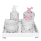 Kit Higiene Espelho Potes, Molhadeira, Porta Álcool-Gel e Capa Cavalinho Rosa Quarto Bebê Menina