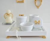 Kit Higiene K049 Bandeja MDF Porcelanas Apliques Dourado Quarto Bebê