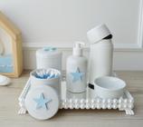 Kit Higiene Porcelana Bebê K048 Azul Térmica Bandeja Pérola Branco Banho Quarto Bancada